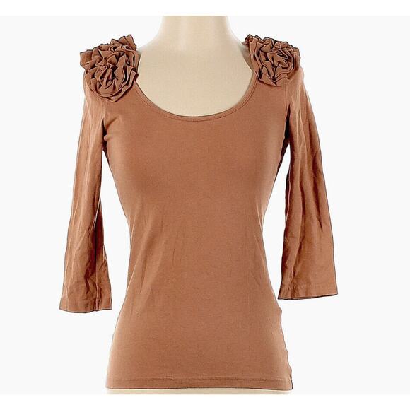 H&M Burnt Rust Ruffled Rosette Embellish Shoulder 3/4 Sleeve Scoop Neck Top S - Picture 1 of 12